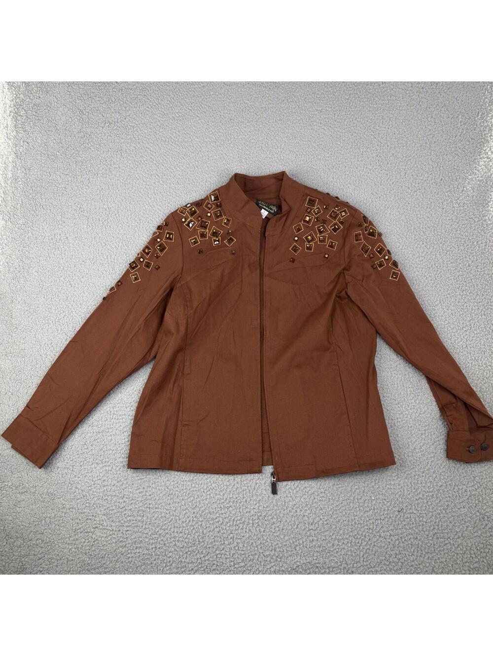 Bob Mackie Cotton Blend Embellished Brown Zip Up Jacket Women's L